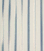 Blue ticking stripe fabric with narrow vertical stripes on a soft ivory background in a classic country-inspired design.