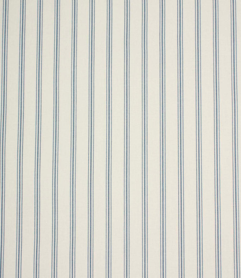 Repeating blue stripe upholstery fabric featuring fine vertical ticking stripes on a warm neutral woven base.