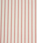 Red ticking stripe fabric with fine vertical stripes on a soft ivory background, creating a classic country-style design.