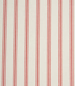 Close-up of ivory and red striped fabric showcasing the subtle woven texture and traditional ticking stripe pattern.