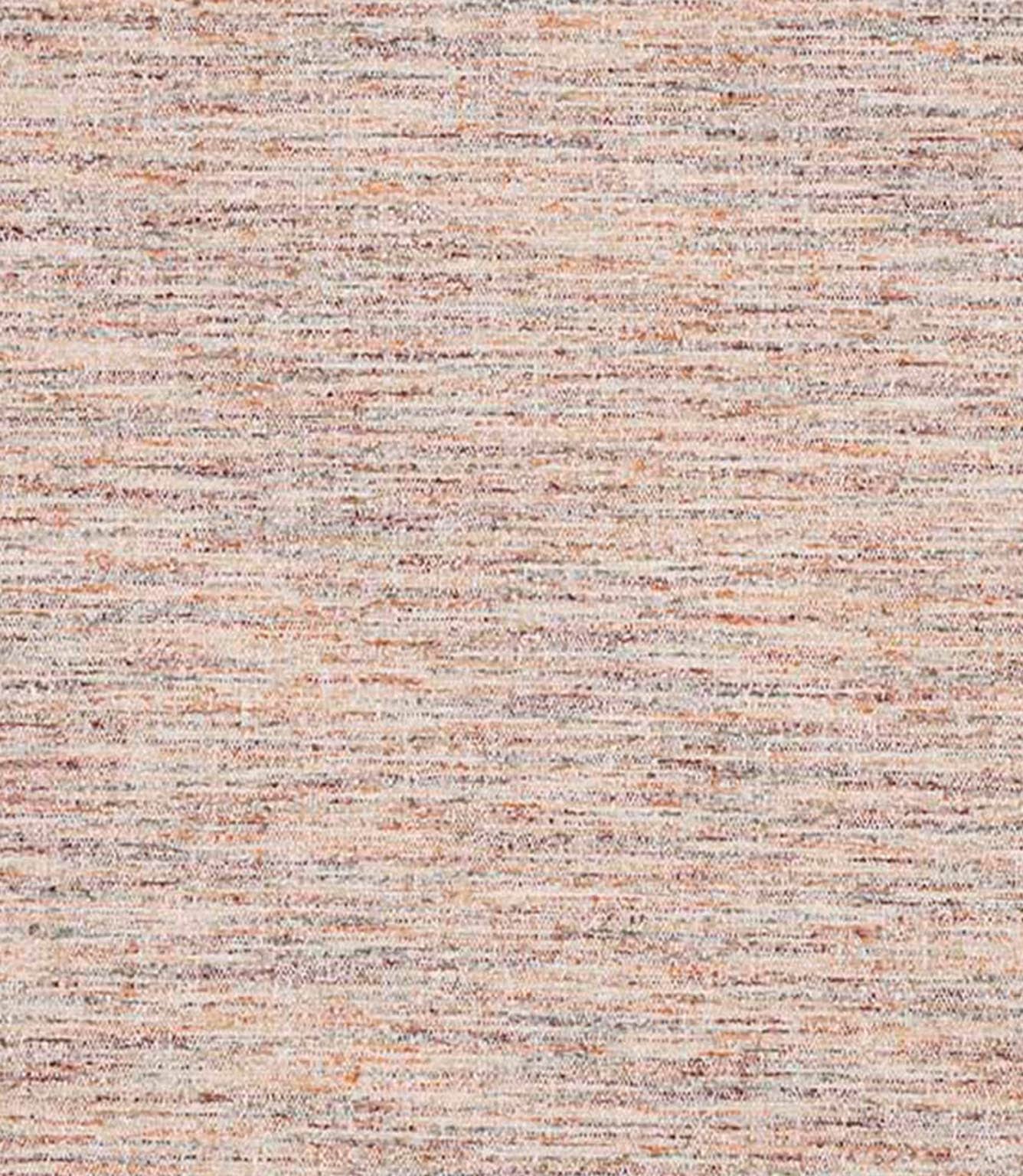 Close-up of woven upholstery fabric with a softly textured surface, featuring a blend of warm beige, rust and muted grey tones in a subtle horizontal weave.