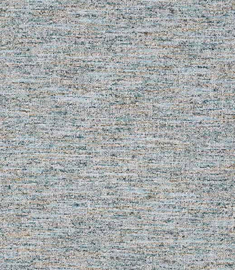 Close-up of woven upholstery fabric with a soft, textured finish, featuring a blend of muted blue, beige and subtle earthy tones in a fine horizontal weave.
