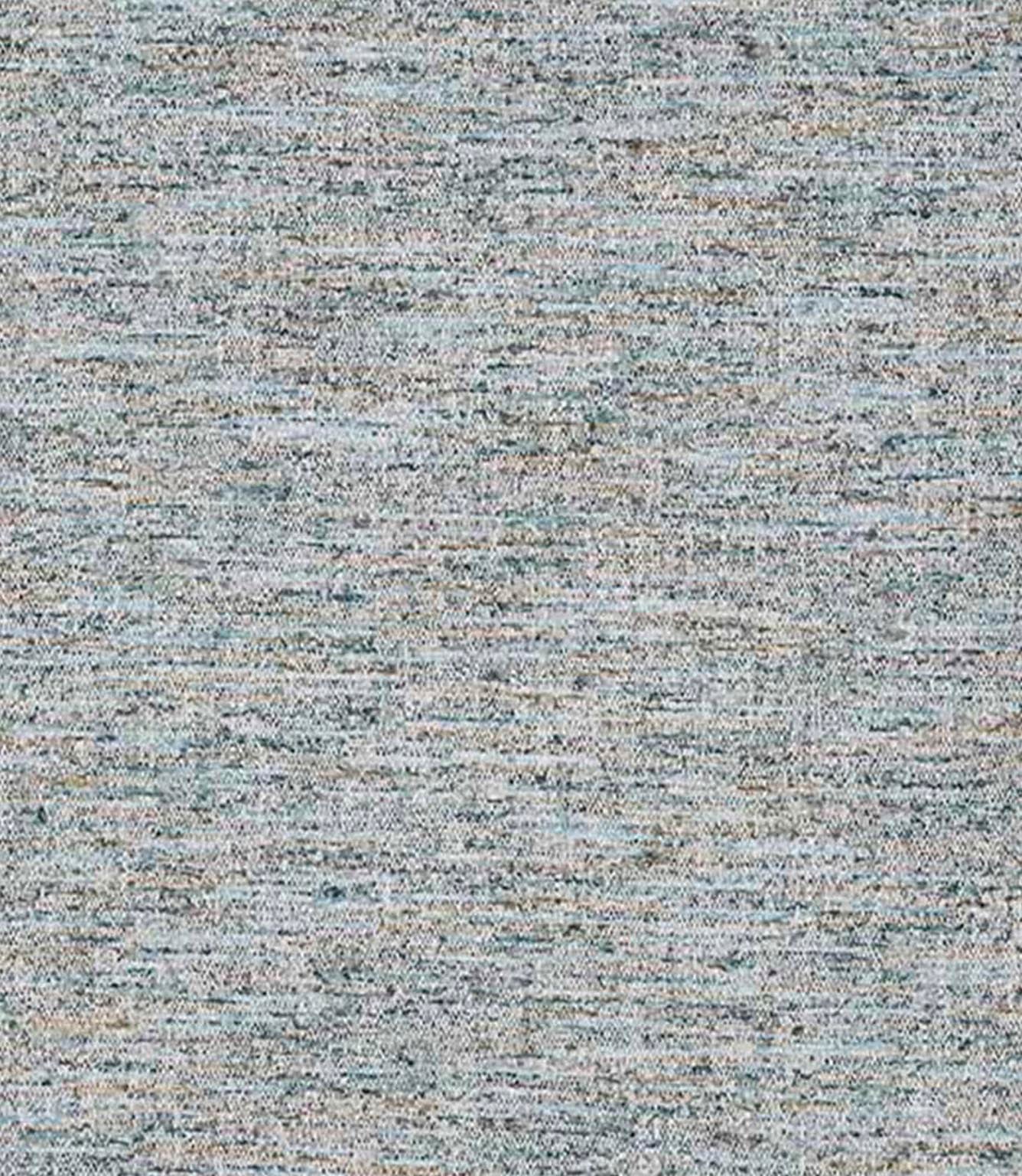 Close-up of woven upholstery fabric with a soft, textured finish, featuring a blend of muted blue, beige and subtle earthy tones in a fine horizontal weave.
