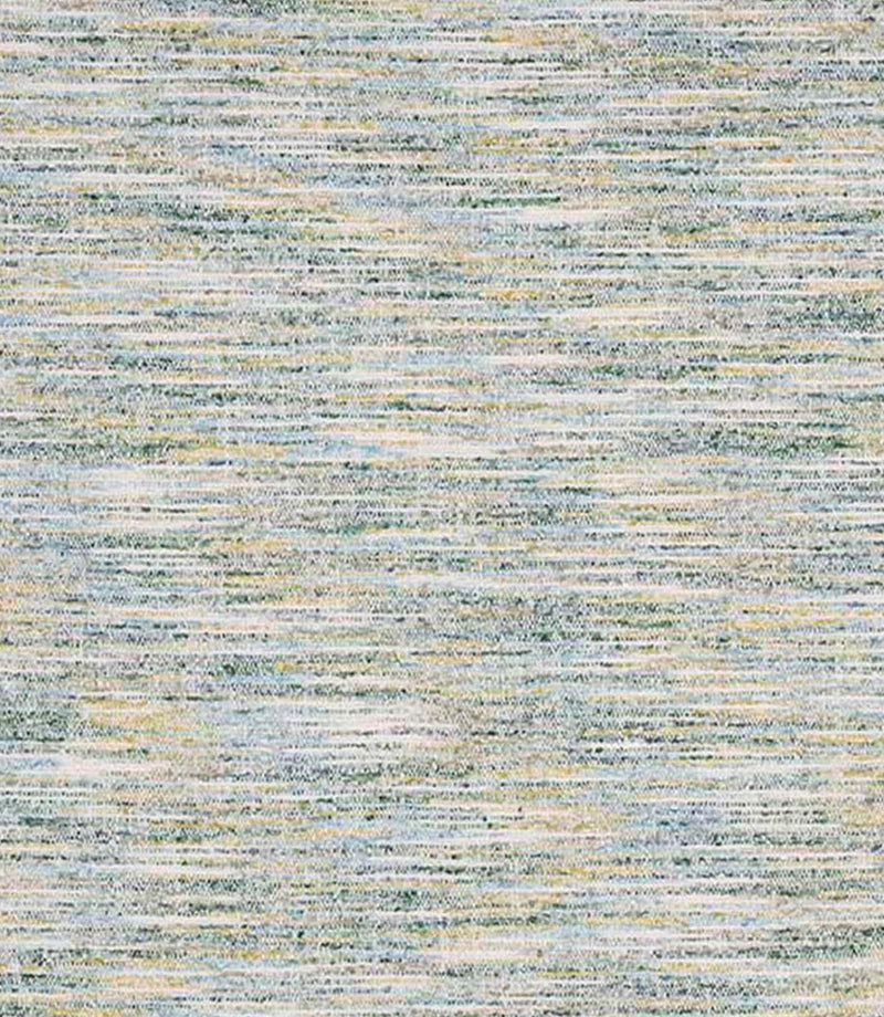 Close-up of woven upholstery fabric with a softly textured finish, featuring a blend of muted green, soft blue and warm neutral tones in a subtle horizontal weave.