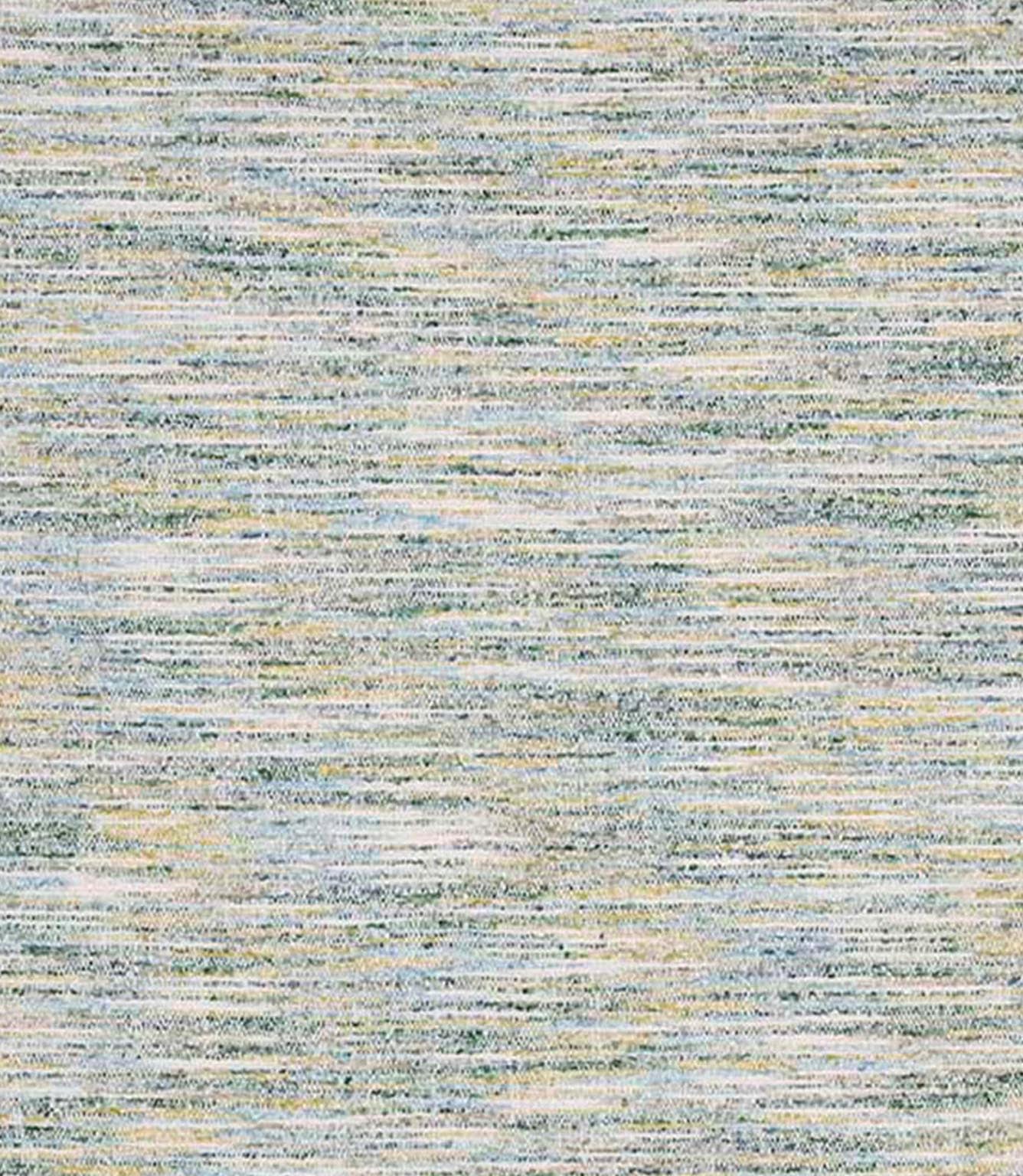 Close-up of woven upholstery fabric with a softly textured finish, featuring a blend of muted green, soft blue and warm neutral tones in a subtle horizontal weave.