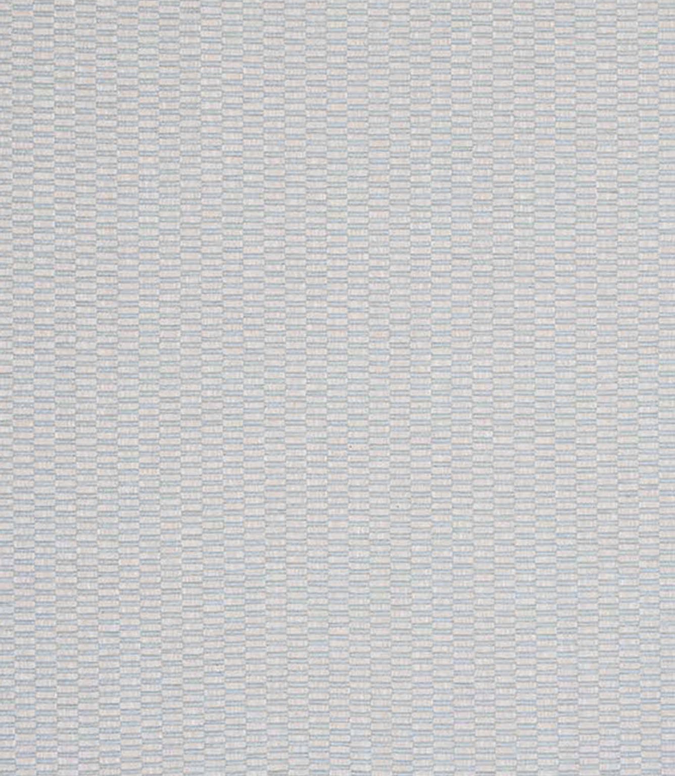 Close-up of woven fabric with a small-scale check pattern in soft pale blue and off-white tones, featuring a subtle, textured finish.