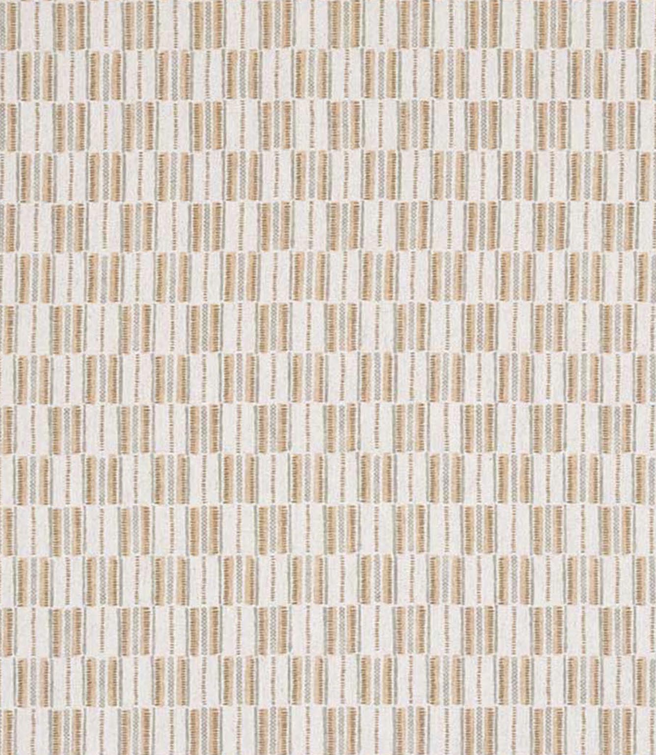 Close-up of contemporary check fabric showing a textured weave and subtle variation in neutral stripes, suitable for curtains, blinds and cushions.