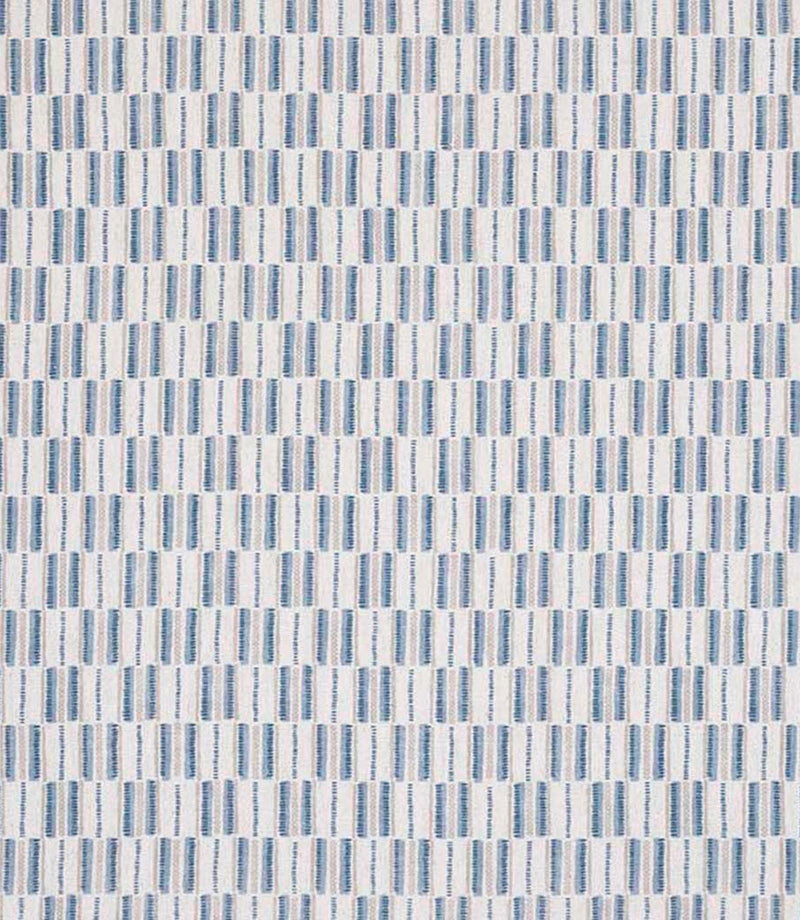 Close-up of textured woven fabric featuring a repeating linear stripe design in shades of blue and cream, suitable for curtains, blinds, cushions and light upholstery.
