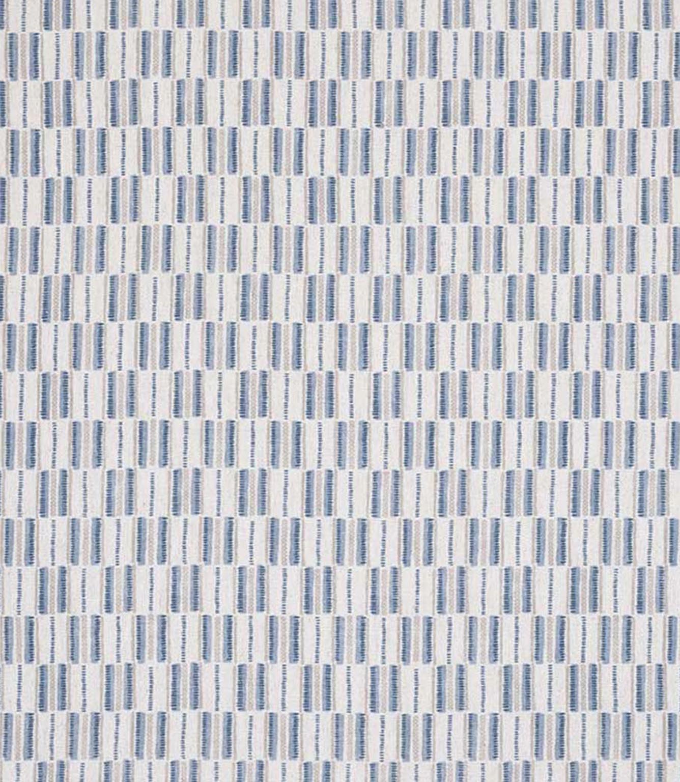 Close-up of textured woven fabric featuring a repeating linear stripe design in shades of blue and cream, suitable for curtains, blinds, cushions and light upholstery.