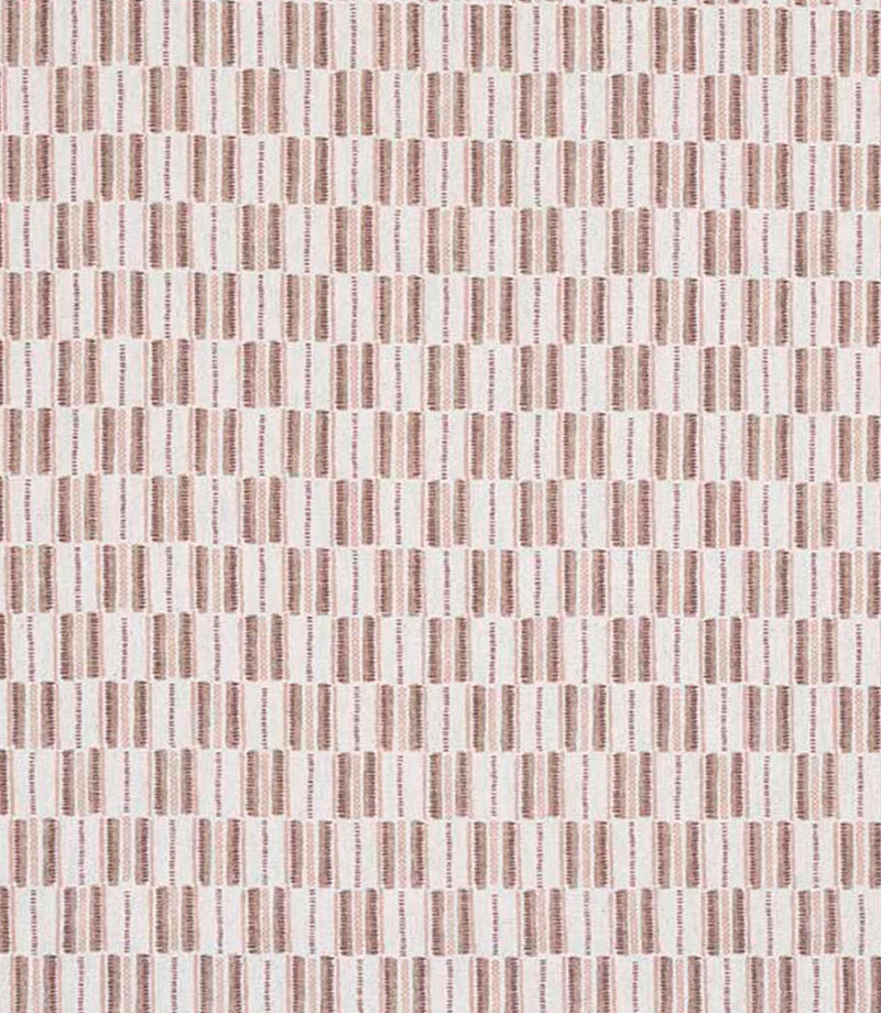 Close-up of textured woven fabric featuring a repeating linear stripe design in rust and cream, suitable for curtains, blinds, cushions and upholstery.