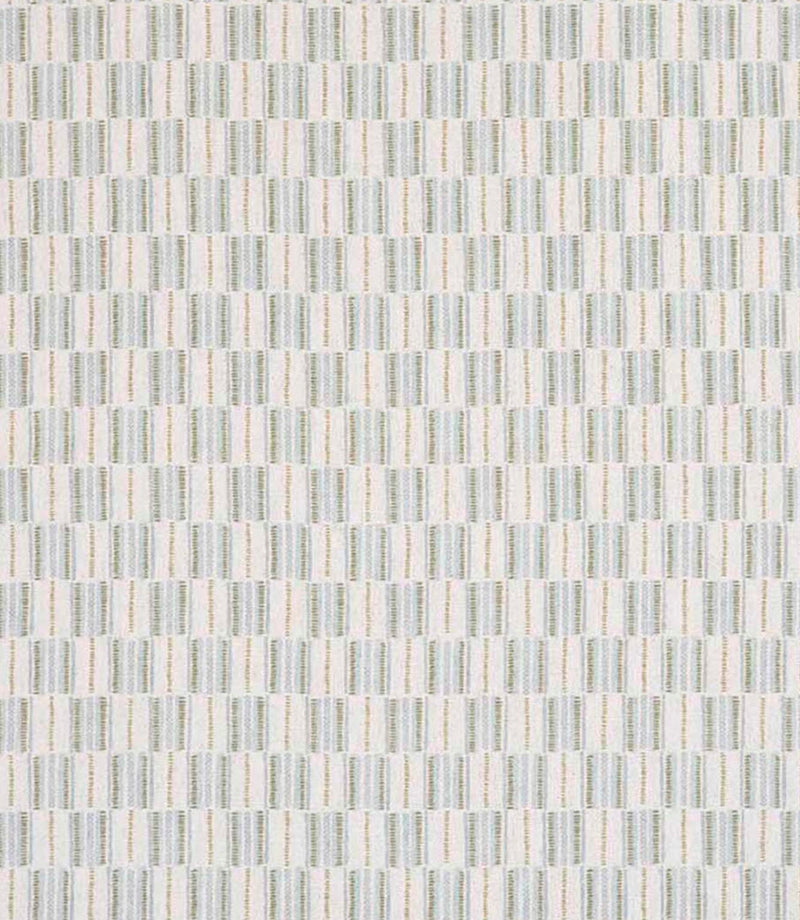 Close-up of textured woven fabric featuring a repeating linear stripe design in pale green and cream, suitable for curtains, blinds, cushions and upholstery.