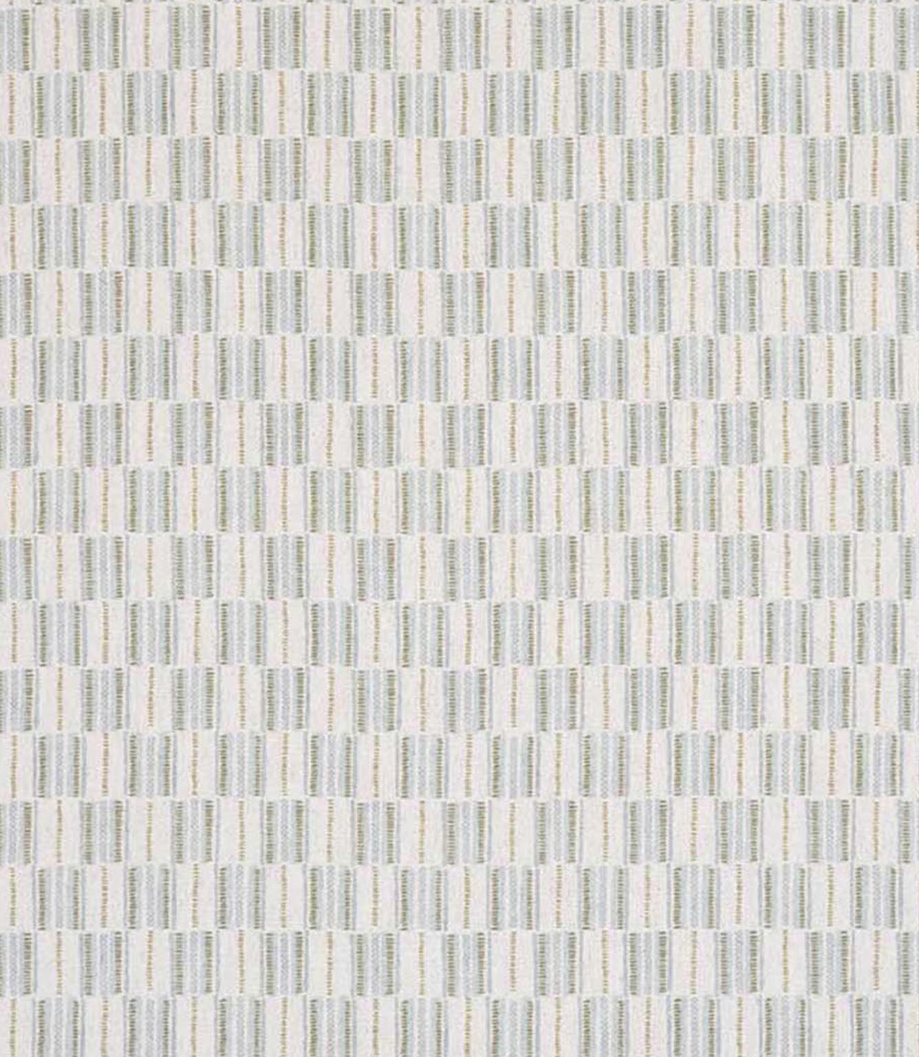 Close-up of textured woven fabric featuring a repeating linear stripe design in pale green and cream, suitable for curtains, blinds, cushions and upholstery.