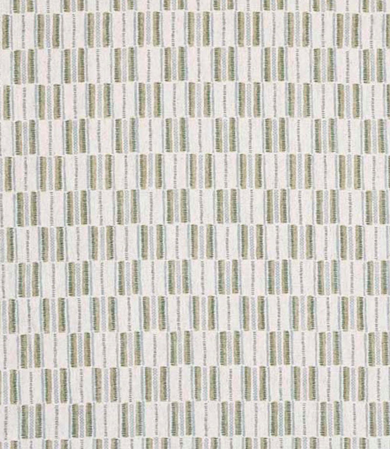 Close-up of textured woven fabric featuring repeating vertical dashes in sage green and muted blue on an off-white base, suitable for curtains, blinds, cushions and upholstery.