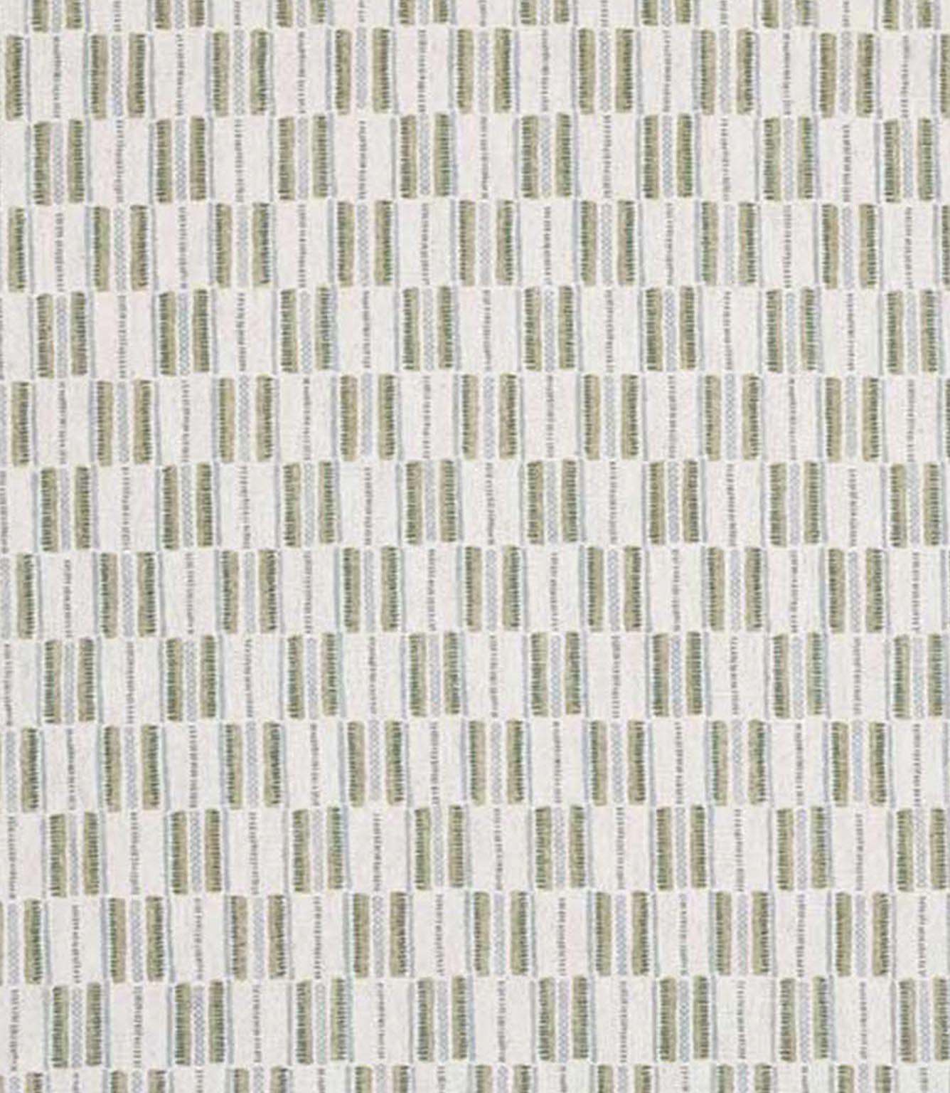 Close-up of textured woven fabric featuring repeating vertical dashes in sage green and muted blue on an off-white base, suitable for curtains, blinds, cushions and upholstery.