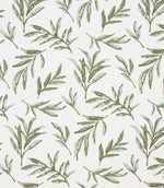 Close-up of embroidered floral upholstery fabric showing textured leaf motifs in layered olive green tones on a neutral base.
