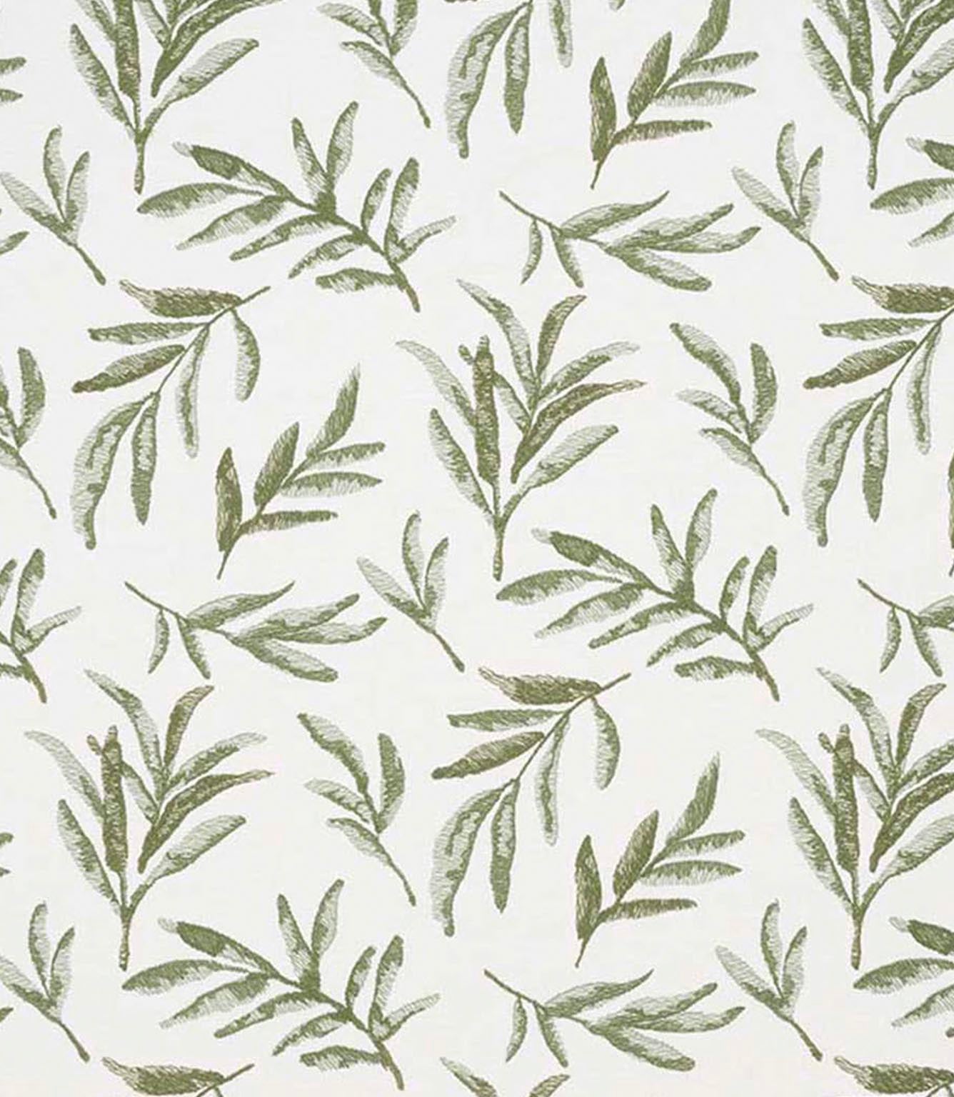 Close-up of embroidered floral upholstery fabric showing textured leaf motifs in layered olive green tones on a neutral base.