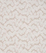 Close-up of woven upholstery fabric with a contemporary foliage pattern in soft beige and off-white tones, showing a subtle textured finish.