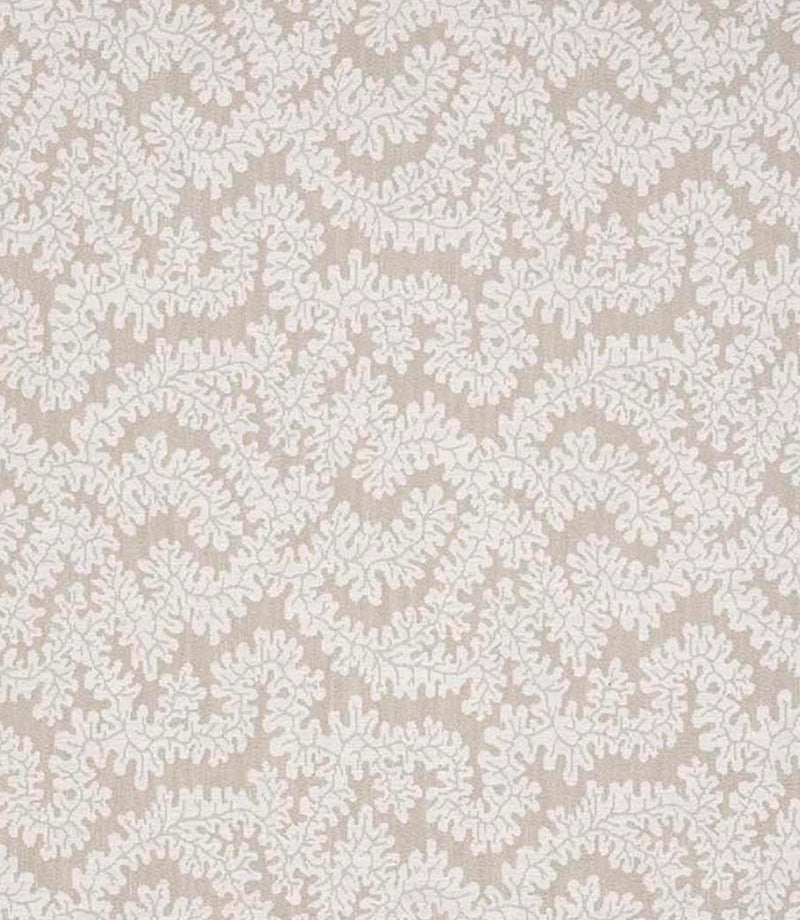 Close-up of woven upholstery fabric with a contemporary foliage pattern in soft beige and off-white tones, showing a subtle textured finish.