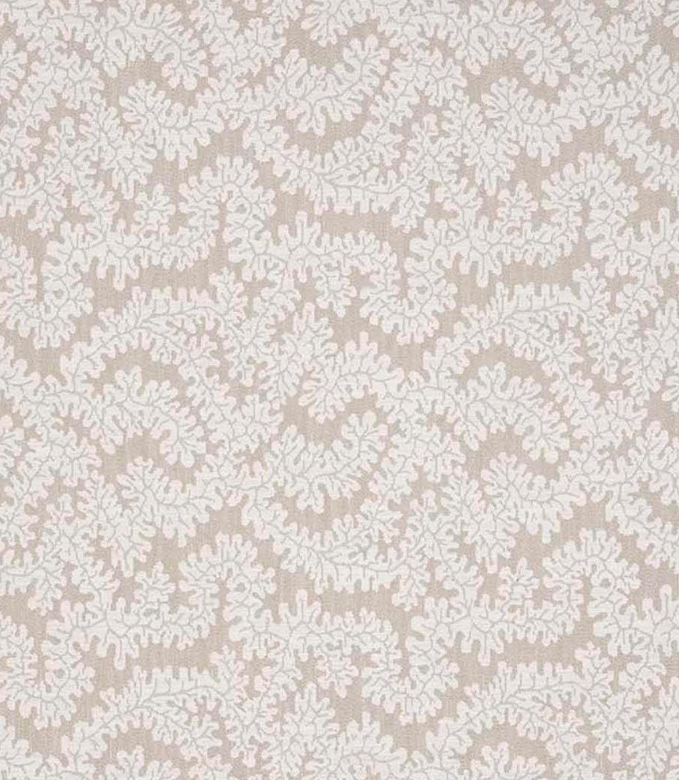 Close-up of woven upholstery fabric with a contemporary foliage pattern in soft beige and off-white tones, showing a subtle textured finish.