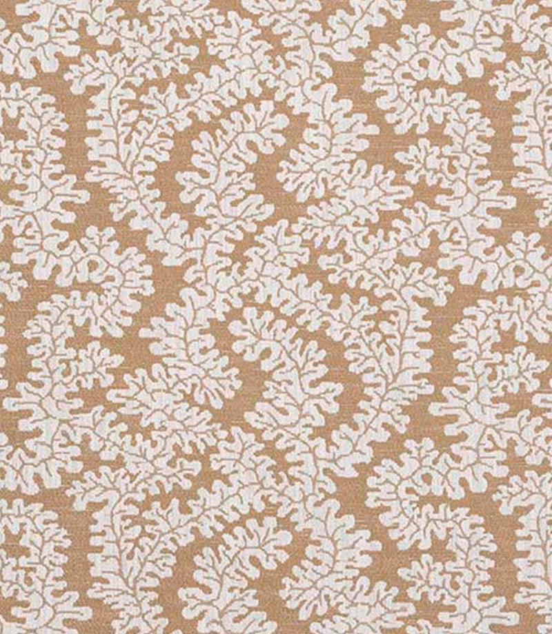 Close-up of woven foliage fabric with a soft leaf pattern in warm caramel brown and off-white tones, showing a natural textured finish.