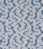 Close-up of woven foliage fabric featuring a delicate leaf pattern in soft blue and off-white tones, with a gently textured surface.