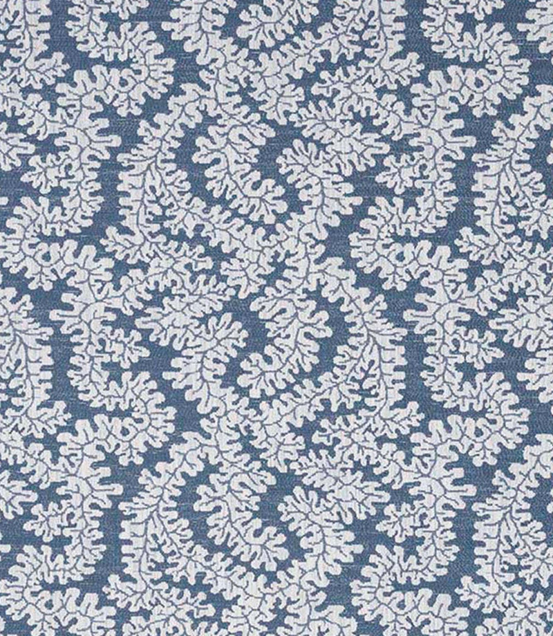 Close-up of woven foliage fabric featuring a delicate leaf pattern in soft blue and off-white tones, with a gently textured surface.