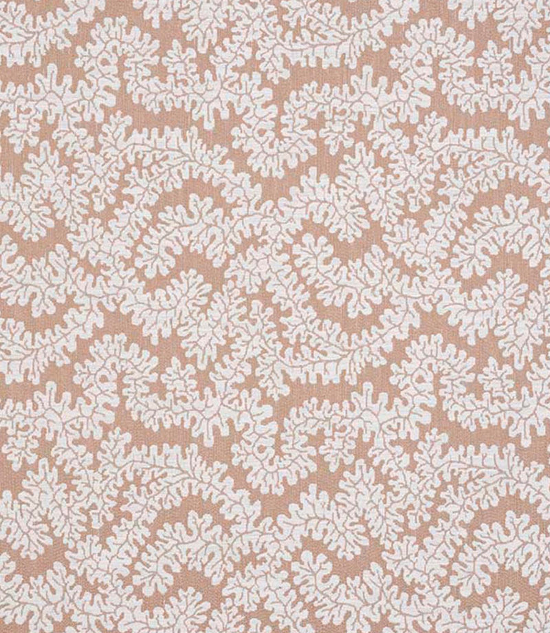 Close-up of woven foliage fabric featuring an intricate leaf pattern in warm terracotta and soft cream tones with a natural textured finish.