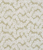 Close-up of woven foliage fabric featuring an intricate leaf pattern in soft olive green and off-white tones, with a subtle textured finish.