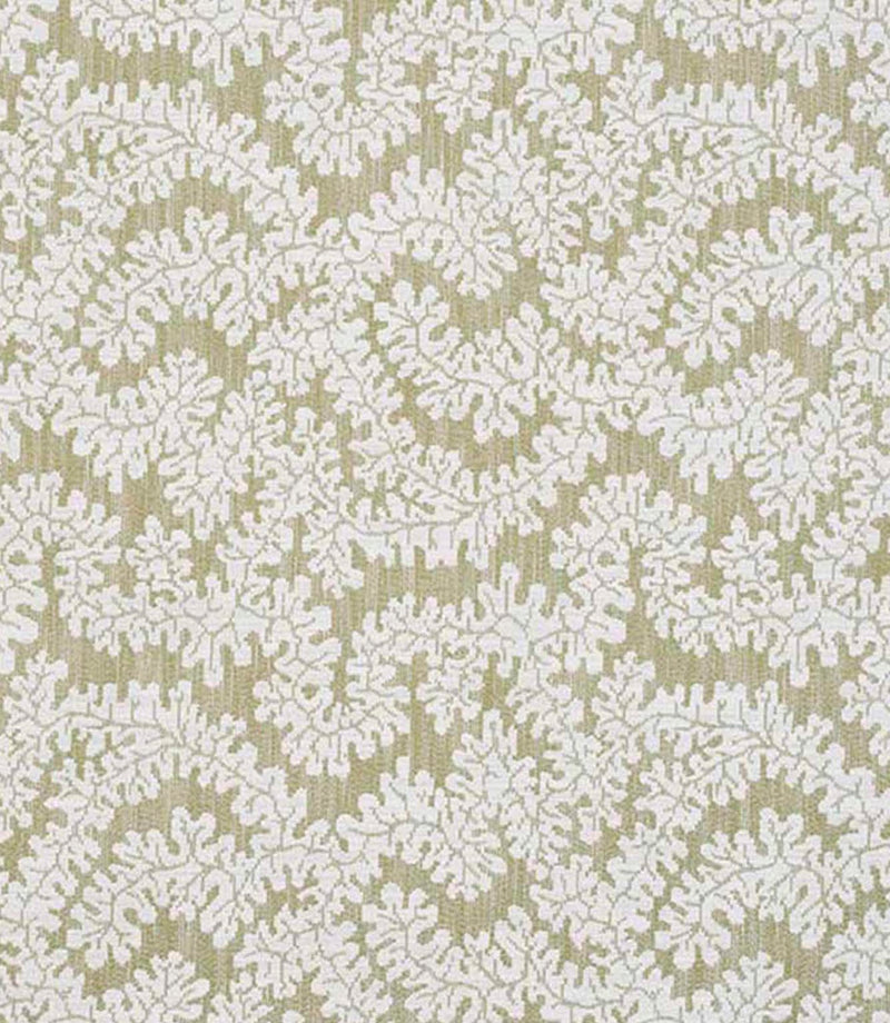 Close-up of woven foliage fabric featuring an intricate leaf pattern in soft olive green and off-white tones, with a subtle textured finish.