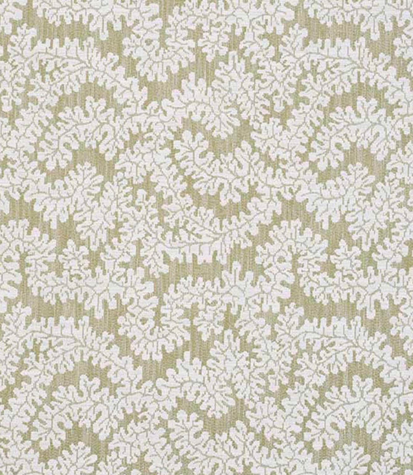 Close-up of woven foliage fabric featuring an intricate leaf pattern in soft olive green and off-white tones, with a subtle textured finish.
