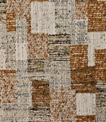 Close-up of Terrana woven geometric fabric featuring small-scale checks in warm rust, natural cream, and soft taupe tones with a textured finish.