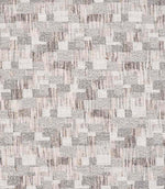Close-up of woven geometric fabric with an abstract check pattern in soft grey, beige and off-white tones, featuring a textured, layered weave.