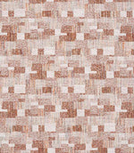 Close-up of woven geometric fabric featuring an abstract check pattern in warm rust, soft beige and cream tones, with a textured, layered weave.