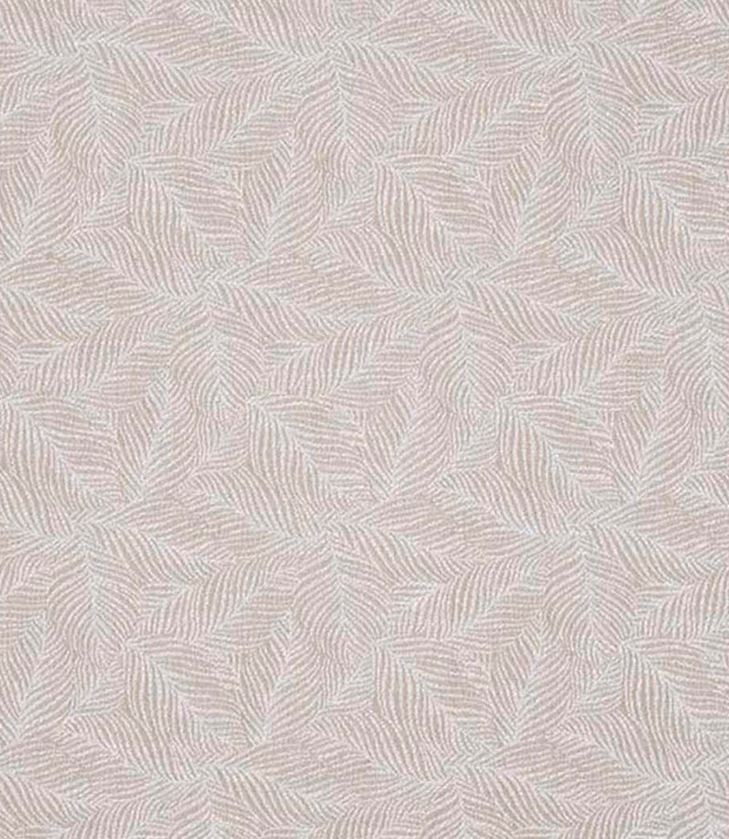 Close-up of woven foliage fabric with a delicate leaf pattern in soft beige and off-white tones, showing a subtle textured finish.