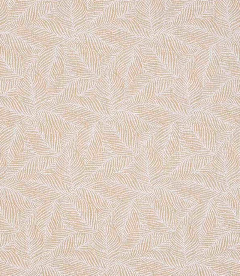 Close-up of woven foliage fabric featuring a fine leaf pattern in warm beige and soft cream tones, with a subtle textured finish.