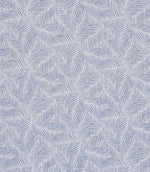 Close-up of woven foliage fabric featuring an intricate leaf pattern in soft blue and ivory tones, with a subtle textured weave.