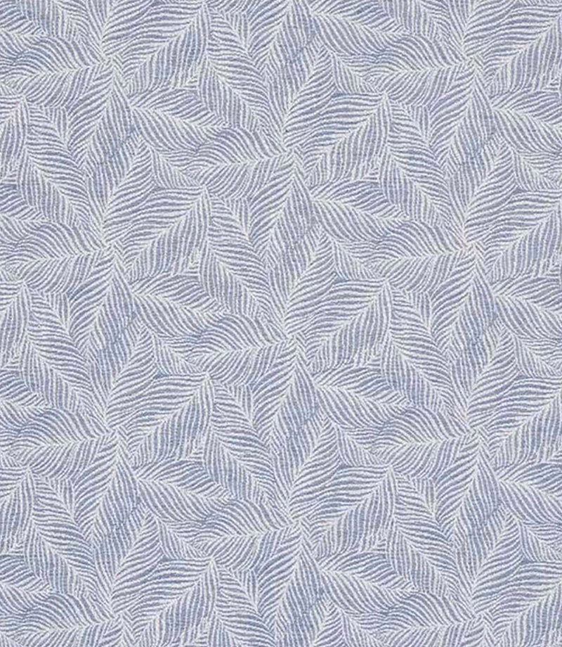 Close-up of woven foliage fabric featuring an intricate leaf pattern in soft blue and ivory tones, with a subtle textured weave.