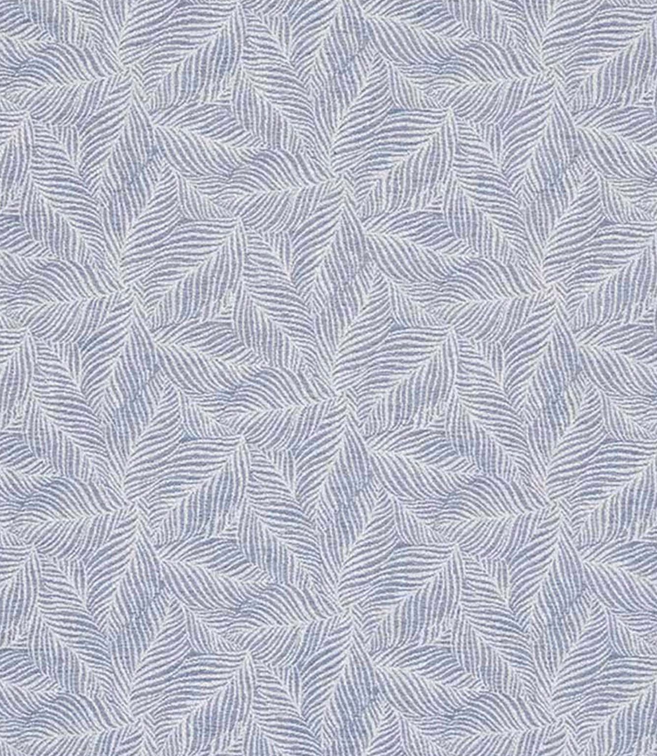 Close-up of woven foliage fabric featuring an intricate leaf pattern in soft blue and ivory tones, with a subtle textured weave.