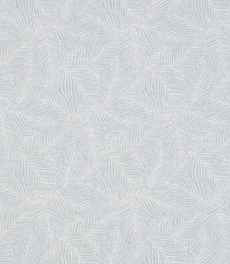 Close-up of woven foliage fabric featuring a delicate leaf pattern in soft pale blue and ivory tones, with a subtle textured weave.