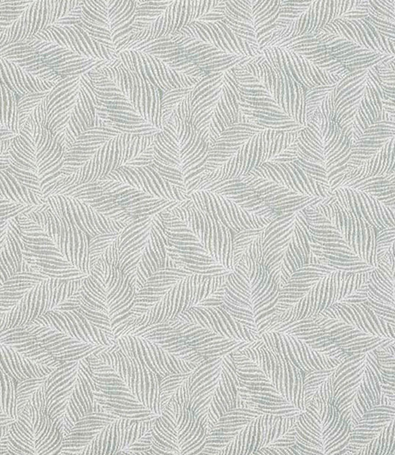 Close-up of woven foliage fabric with a soft sage green and ivory leaf pattern, featuring a finely textured, repeating design.
