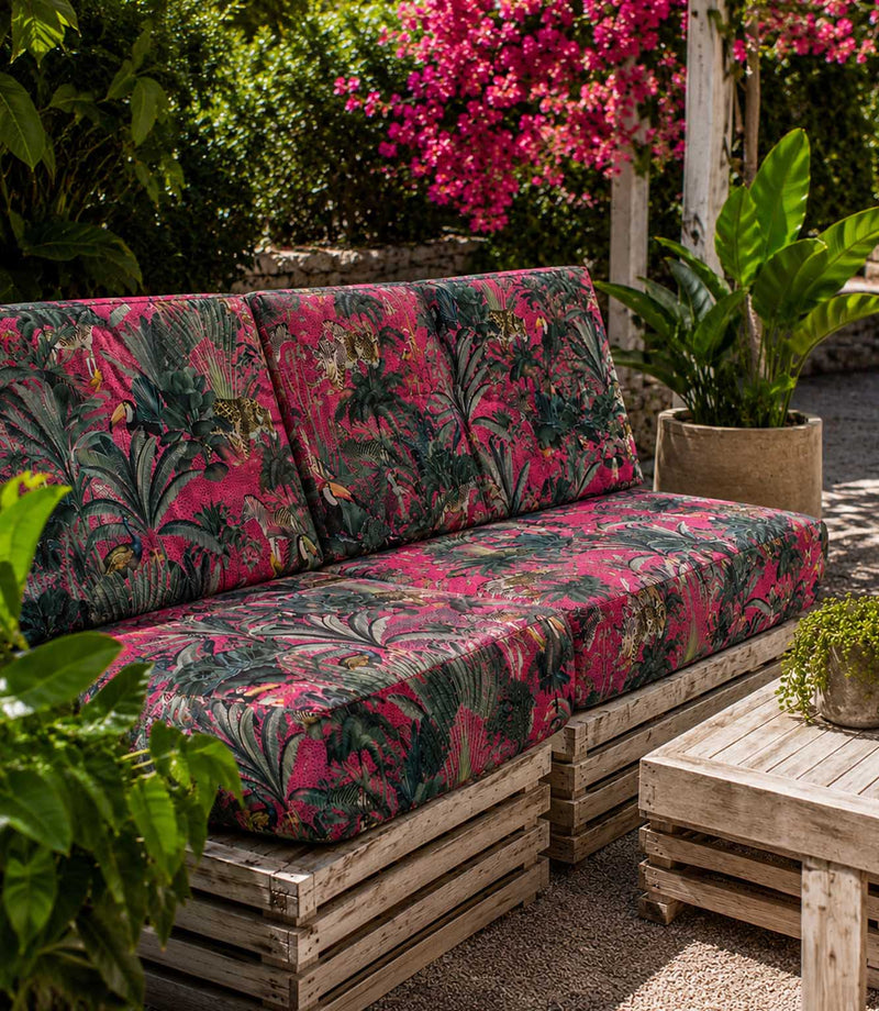 Jungle animal and foliage patterned fabric on an outdoor sofa in a tropical garden setting