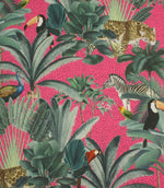 Tropical jungle fabric featuring exotic animals, oversized palm leaves and tropical birds on a vivid pink spotted background.