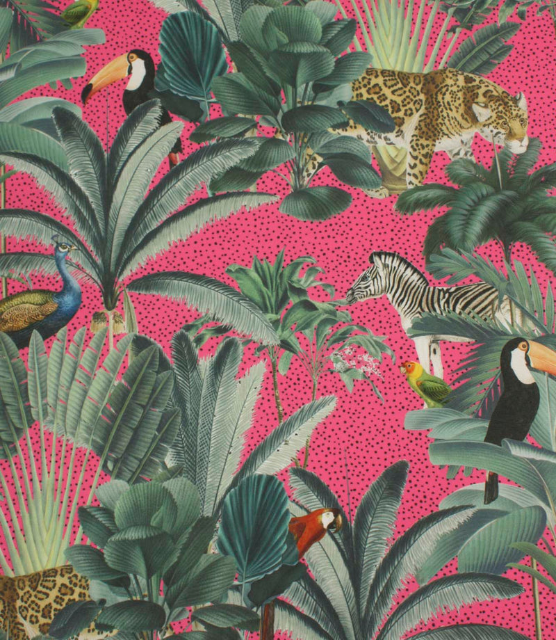 Tropical jungle fabric featuring exotic animals, oversized palm leaves and tropical birds on a vivid pink spotted background.