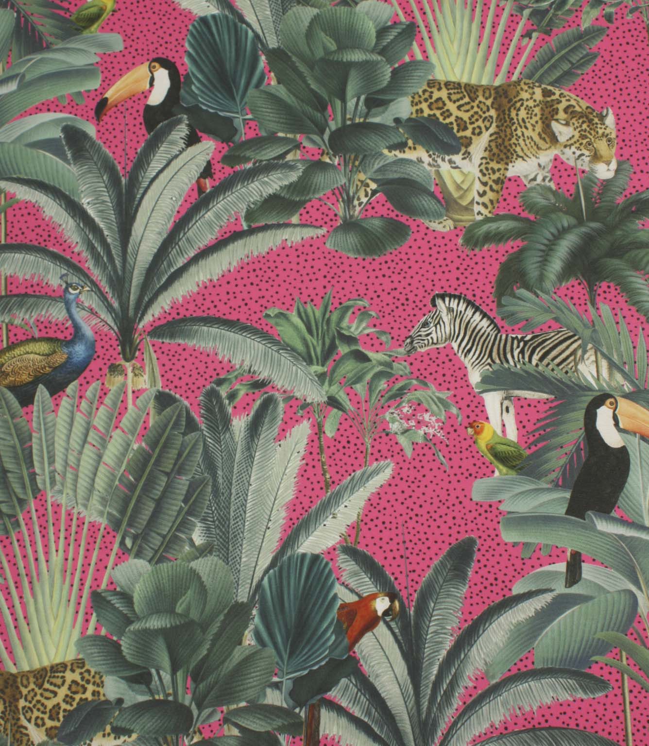 Tropical jungle fabric featuring exotic animals, oversized palm leaves and tropical birds on a vivid pink spotted background.