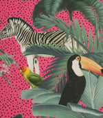 Detailed jungle print fabric with a zebra, toucan and tropical foliage set against a bright pink dotted backdrop.