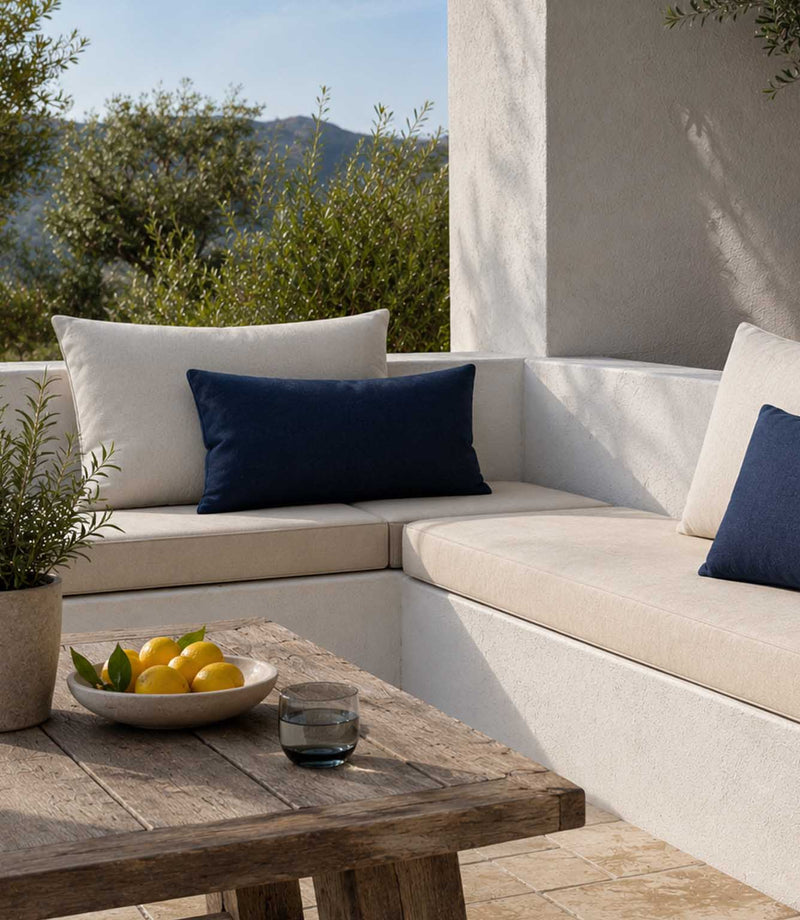 Waterproof fabric used for cushions and sofa in an outdoor Mediterranean summer garden space