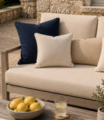 Waterproof fabric used for cushions and sofa in an outdoor Mediterranean summer garden space