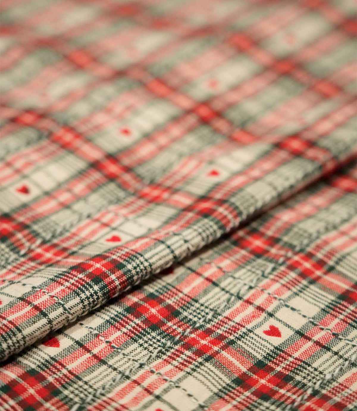 Cotswold Heart Tartan Fabric / Ivory / Red