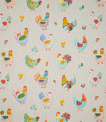 Cottage Hens Multi fabric featuring colourful illustrated chickens, roosters, yellow chicks and small flowers on a neutral beige woven background.