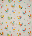 Cottage Hens Multi fabric featuring colourful illustrated chickens, roosters, yellow chicks and small flowers on a neutral beige woven background.